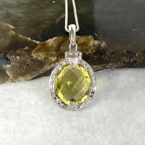 Sterling Silver 925 Oval Domed Faceted Yellow Citrine & Diamond Pendant Necklace - Picture 5 of 16